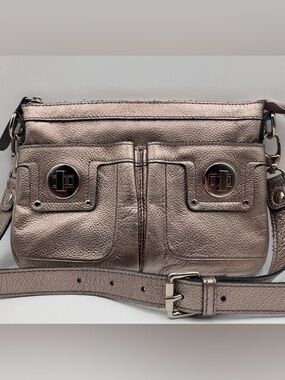 SILVER METALLIC LEATHER GENUINE CROSSBODY BAG 10 X 7